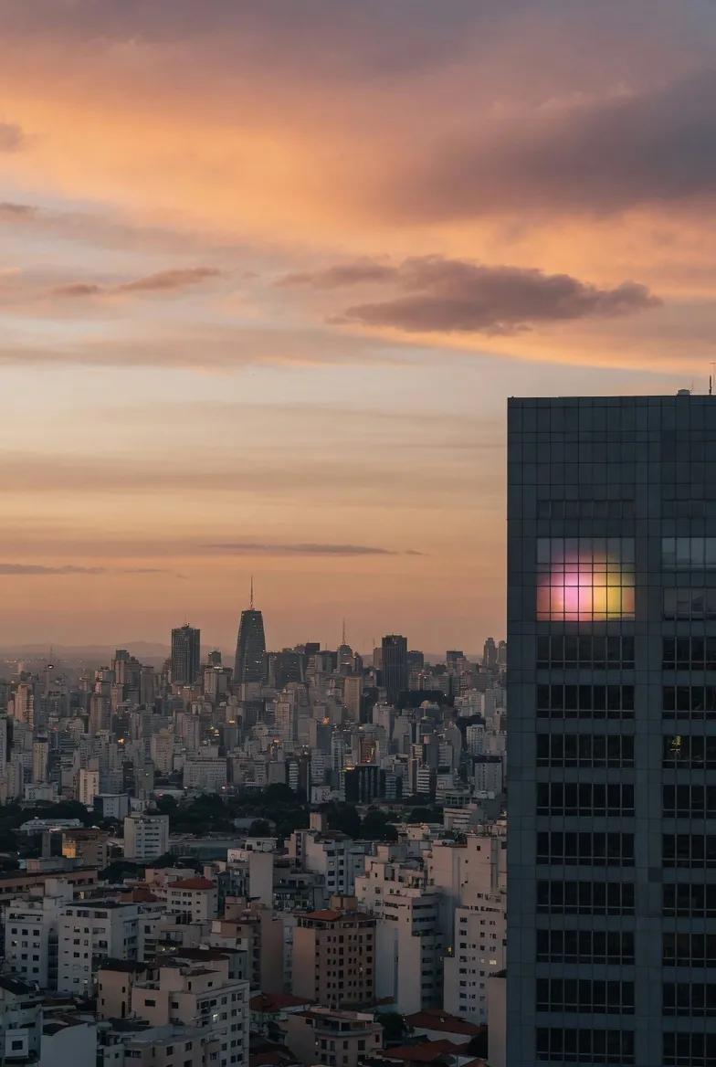 Skyline urbano brasileiro ao pôr do sol com janela iluminada em prédio do canto direito