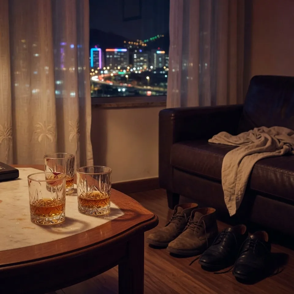 Ambiente discreto de encontro com dois copos de uísque sobre a mesa, sapatos masculinos e vista noturna da cidade ao fundo